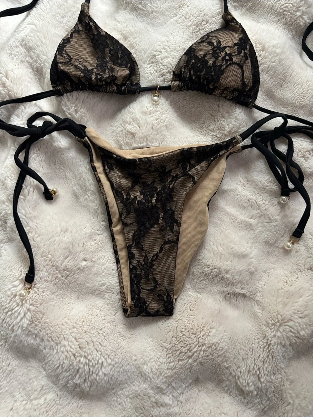 Black Lace Overlay String Bikini Set - Picture 3 of 4